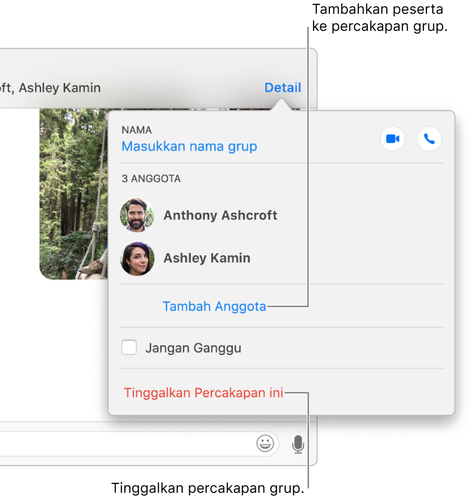 Tampilan detail, yang muncul setelah Anda mengeklik Detail di percakapan grup. Tambah Anggota muncul di bawah nama peserta terakhir di daftar, dan Tinggalkan Percakapan ini berada di bagian bawah dialog.