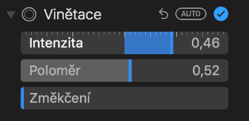 Ovládací prvky Vinětace na panelu Úpravy