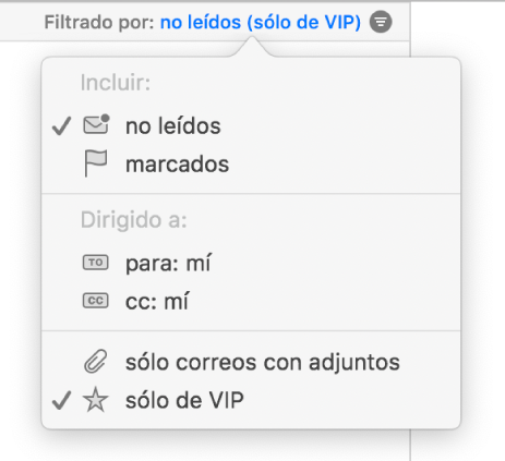 El menú desplegable mostrando los seis filtros posibles: No leídos, Con indicador, Para: Yo, CC: Yo, Sólo correos con archivos adjuntos, y Sólo de VIP.