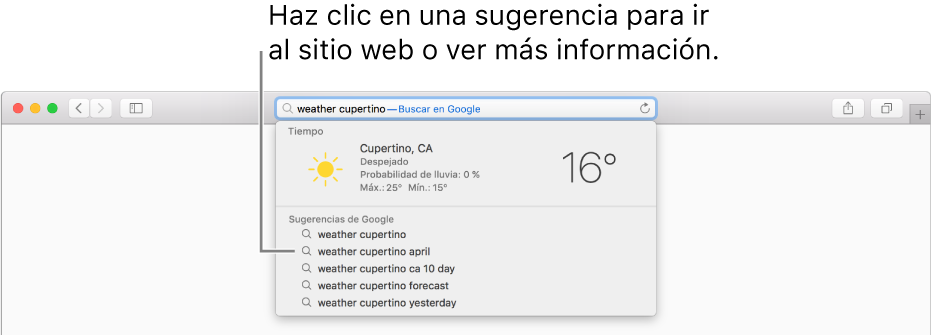 Frase de búsqueda "tiempo cupertino" introducida en el campo de búsqueda inteligente y el resultado de las sugerencias de Safari.