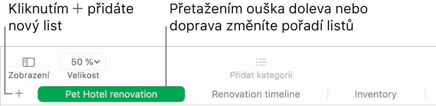 Okno Numbers s popisky popisujícími, jak přidat nové listy a změnit jejich uspořádání