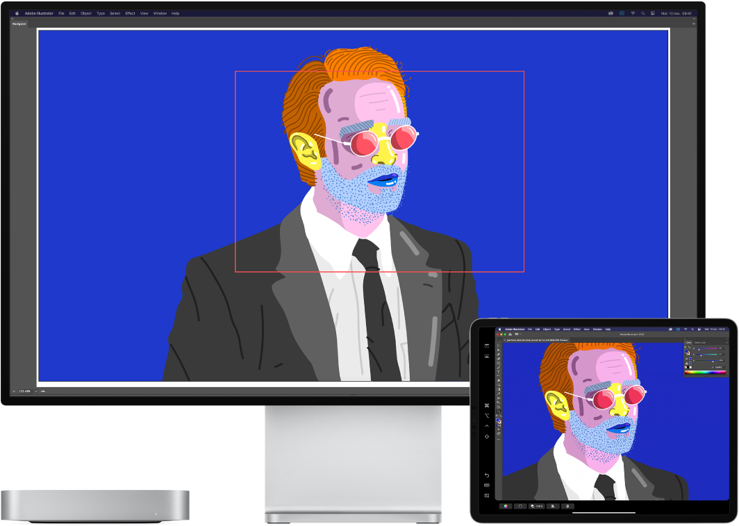 Un Mac mini et un iPad côte à côte. Le Mac mini affiche une illustration dans la fenêtre de navigateur d’Illustrator. L’iPad affiche la même illustration dans la fenêtre de document d’Illustrator, entourée par des barres d’outils.