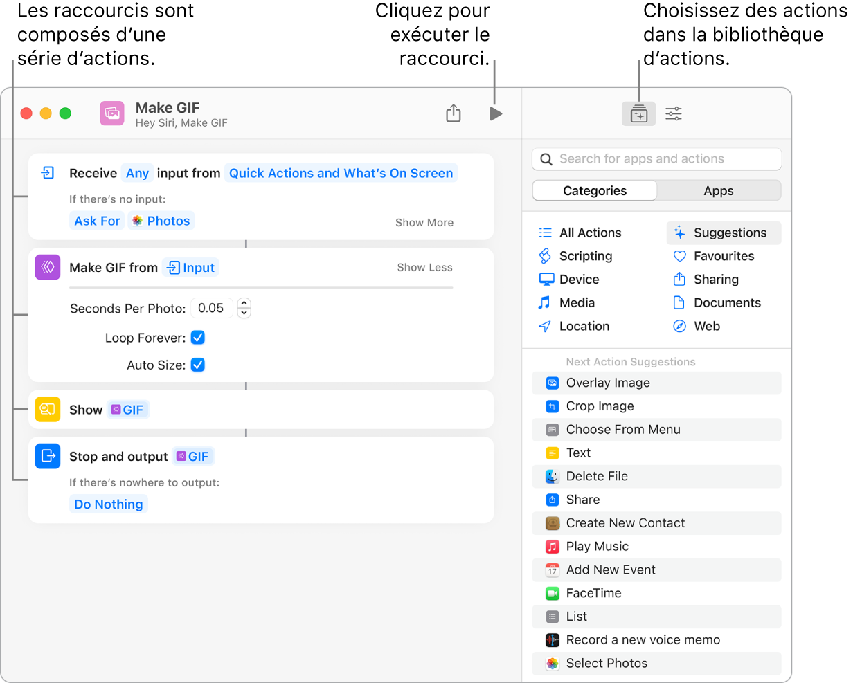 L’éditeur de raccourcis « Créer GIF » sur la gauche et la bibliothèque d’actions sur la droite.