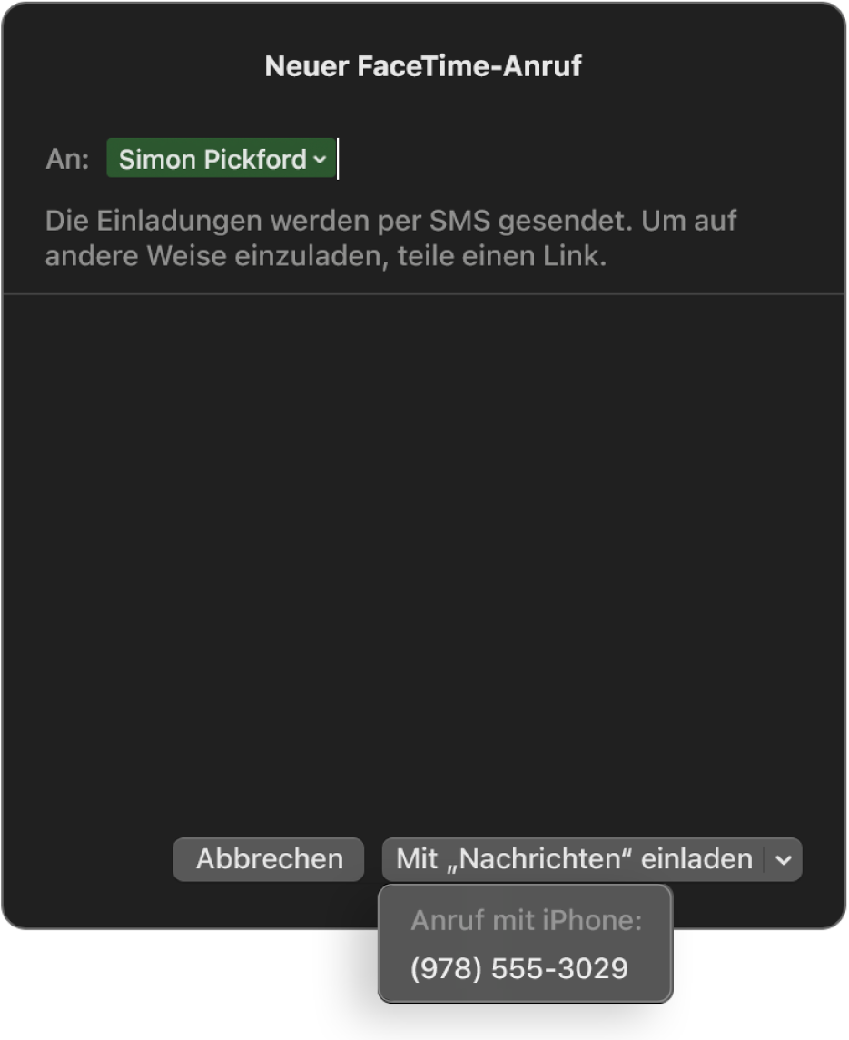 Das Fenster „Neuer FaceTime-Anruf“ mit dem Namen der Person im Feld „An“. Das Pop-Up-Fenster unten fordert auf, mit der App „Nachrichten“ einzuladen (eine SMS zu senden) oder mit dem iPhone anzurufen.