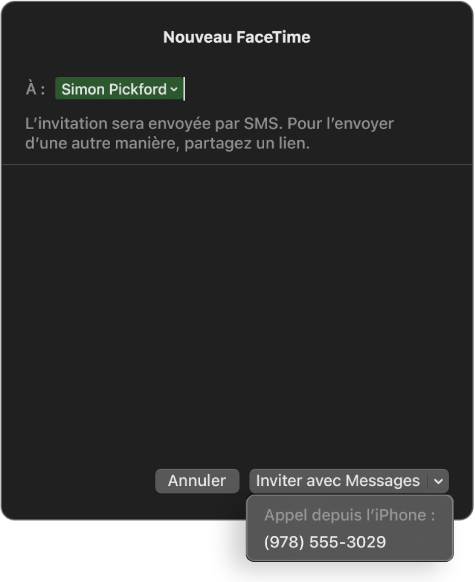 La fenêtre « Nouveau FaceTime » avec le nom d’une personne dans le champ À. Le pop-up au bas de l’écran inclut la possibilité d’inviter le contact avec Messages (envoyer un SMS) ou d’appeler avec l’iPhone.