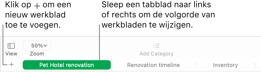 Een Numbers-venster waarin je ziet hoe je een nieuw werkblad toevoegt en hoe je de volgorde van werkbladen wijzigt.