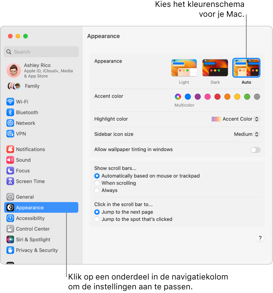 Het paneel 'Weergave' in Systeeminstellingen.