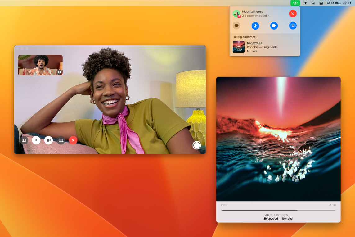 Mensen die samen luisteren, met de luisteraars in het FaceTime-venster en een nummer dat wordt afgespeeld in het venster van de Muziek-app.