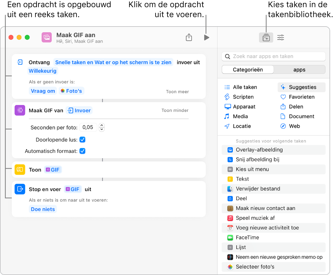 De opdracht-editor voor 'Maak GIF aan' links en de takenbibliotheek rechts.