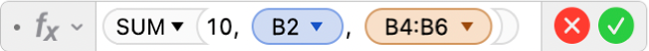 The Formula Editor showing the formula =SUM(10, B2, B4:B6).