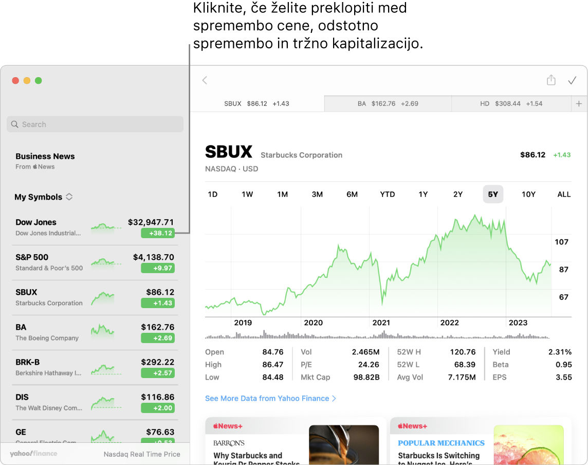Zaslon aplikacije Stocks, na katerem so prikazane informacije in članki o izbrani delnici, z oblačkom »Kliknite, če želite preklopiti med spremembo cene, odstotno spremembo in tržno kapitalizacijo«.