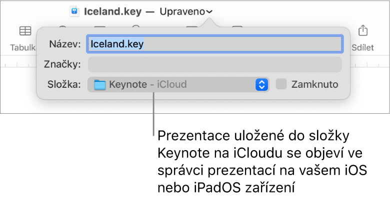 Ukládací dialogové okno pro prezentaci aplikace Keynote s vybranou položkou iCloud v místní nabídce „Kde“