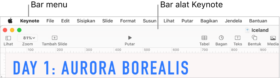 Bar menu di bagian atas layar dengan menu Apple, Keynote, File, Edit, Sisipkan, Format, Susun, Lihat, Putar, Bagikan, Jendela, dan Bantuan. Di bawah bar menu adalah presentasi Keynote yang terbuka dengan tombol bar alat di sepanjang bagian atas untuk Lihat, Zoom, Tambah Slide, Putar, Tabel, Bagan, Teks, Bentuk, dan Media.