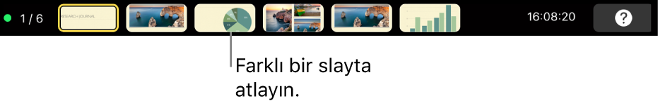 Sunudan çıkma, farklı slaytlara atlama ve sunan kişinin ekranına geçiş yapmaya yönelik sunu denetimleri ile MacBook Pro Touch Bar.