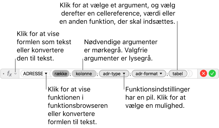 Formelværktøjet, der viser funktionen ADRESSE og dens argumentmærker.