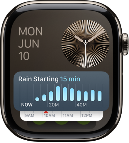 The Smart Stack on Apple Watch showing the Timer widget in front and two widgets behind it.