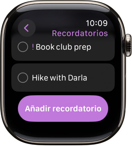 La app Recordatorios con dos recordatorios. El recordatorio está cerca de la parte superior de la pantalla y el botón “Añadir recordatorio”, debajo.