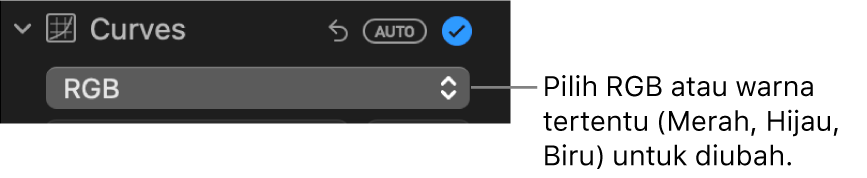 Kontrol Kurva di panel Sesuaikan, menampilkan RGB yang dipilih di menu pop-up.