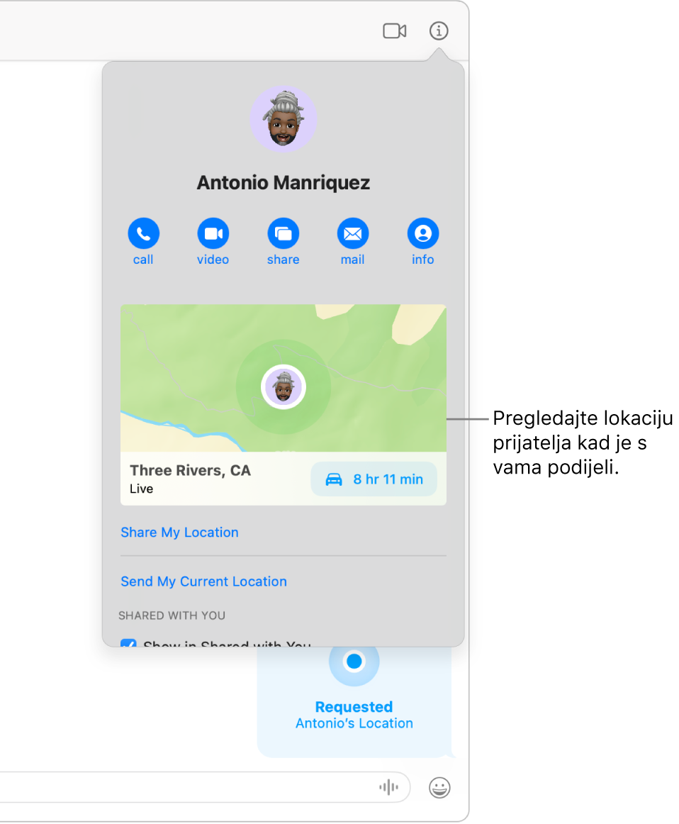 Prikaz Info, koji se pojavljuje nakon što kliknete tipku Info u razgovoru, s prikazom ikone osobe koja je s vama podijelila lokaciju i karte i adrese lokacije.