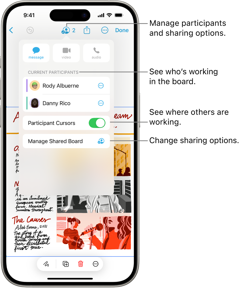 A shared Freeform board on iPhone with the collaboration menu open.