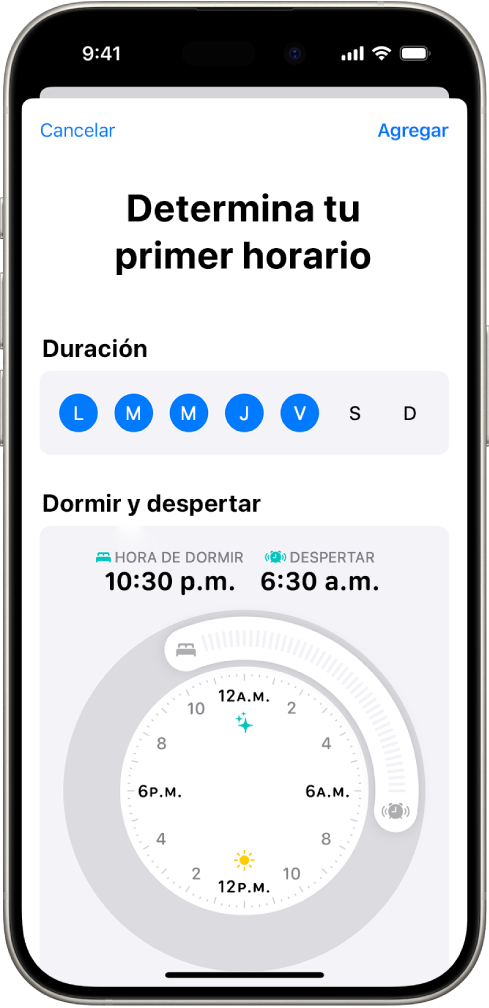 La pantalla Determina tu primer horario en Salud, con la sección Duración, y el reloj Dormir y despertar.