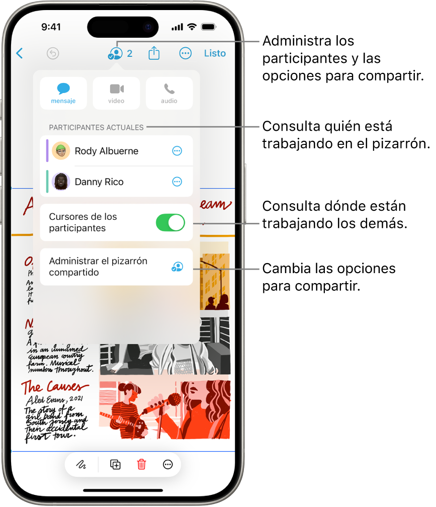 Un pizarrón compartido de Freeform en el iPhone con el menú de colaboración abierto.