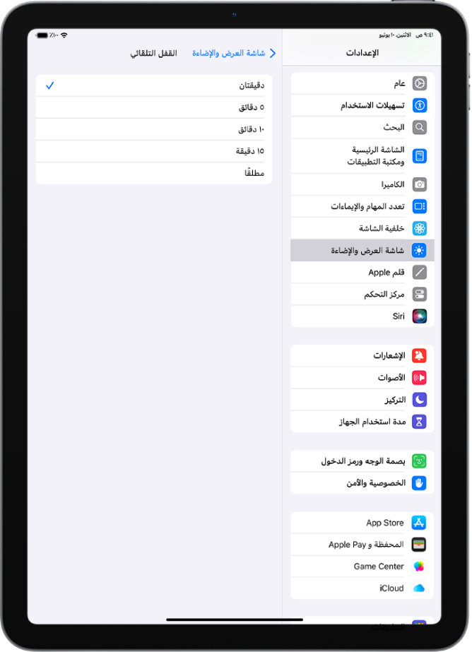 شاشة القفل التلقائي، مع الإعدادات الخاصة بطول الفترة الزمنية قبل قفل iPad تلقائيًا.