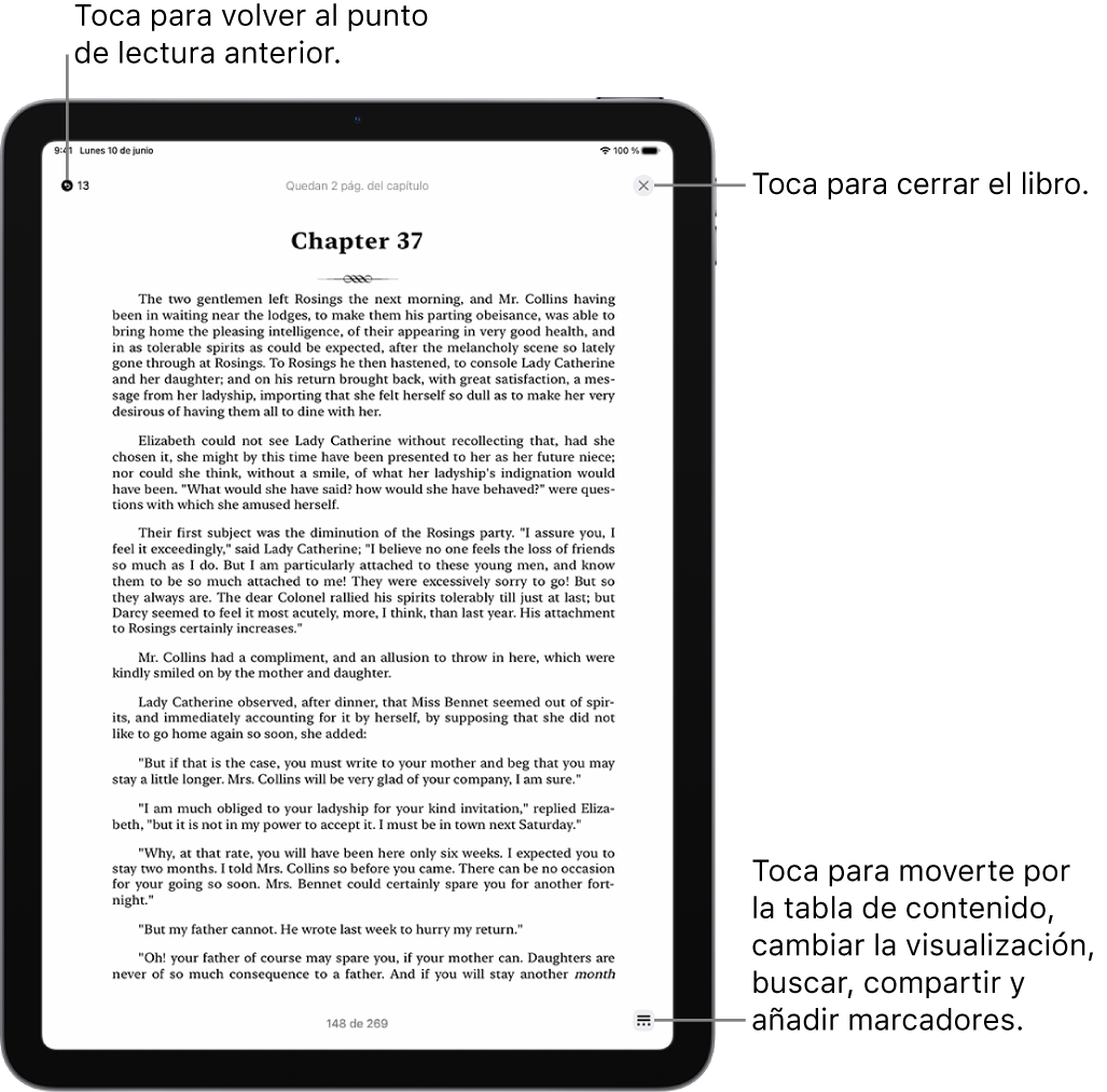 Página de un libro en la app Libros. En la parte superior de la pantalla están los botones para volver a la página en la que habías empezado a leer y para cerrar el libro. En la parte inferior derecha de la pantalla se encuentra el botón Menú.