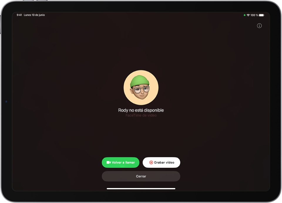 Pantalla de FaceTime que muestra que la persona a la que se ha llamado no está disponible. En la parte inferior están los botones “Volver a llamar” y “Grabar vídeo”.
