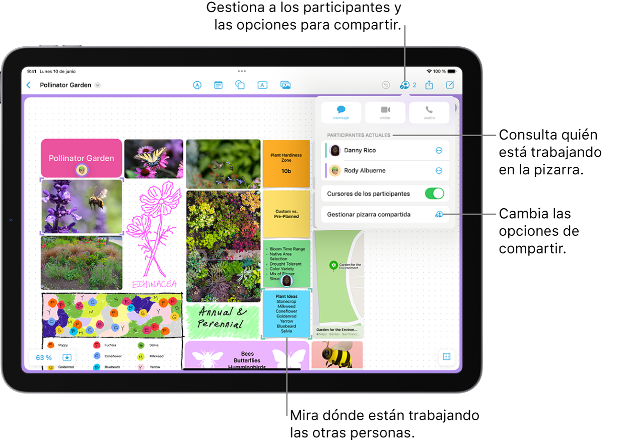 Una pizarra de Freeform compartida en el iPad con el menú de colaboración abierto y la ubicación de otro participante en la pizarra marcado con marcas de verificación moradas.