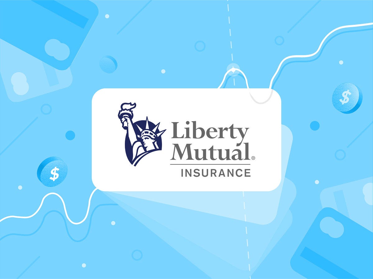 Liberty Mutual pet insurance logo on a light-blue personal finance-themed graphic background.