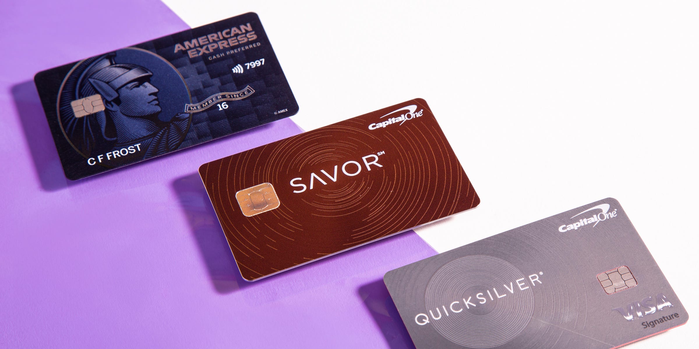 Some of the best cash back credit cards of 2025 include the American Express Blue Cash Preferred, the Capital One Savor Cash, and the Capital One Quicksilver, shown here on a purple and white background.