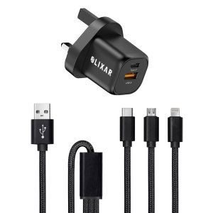 Olixar 20W Dual Port USB-A & USB-C Fast Wall Charger with 3-in-1 USB-A to USB-C, Lightning & Micro USB Cable