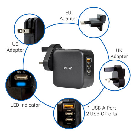 Olixar Super Fast 65W GaN USB A and USB-C Wall Charger With Super Fast Braided USB-C to C Cable - For Samsung Galaxy S22