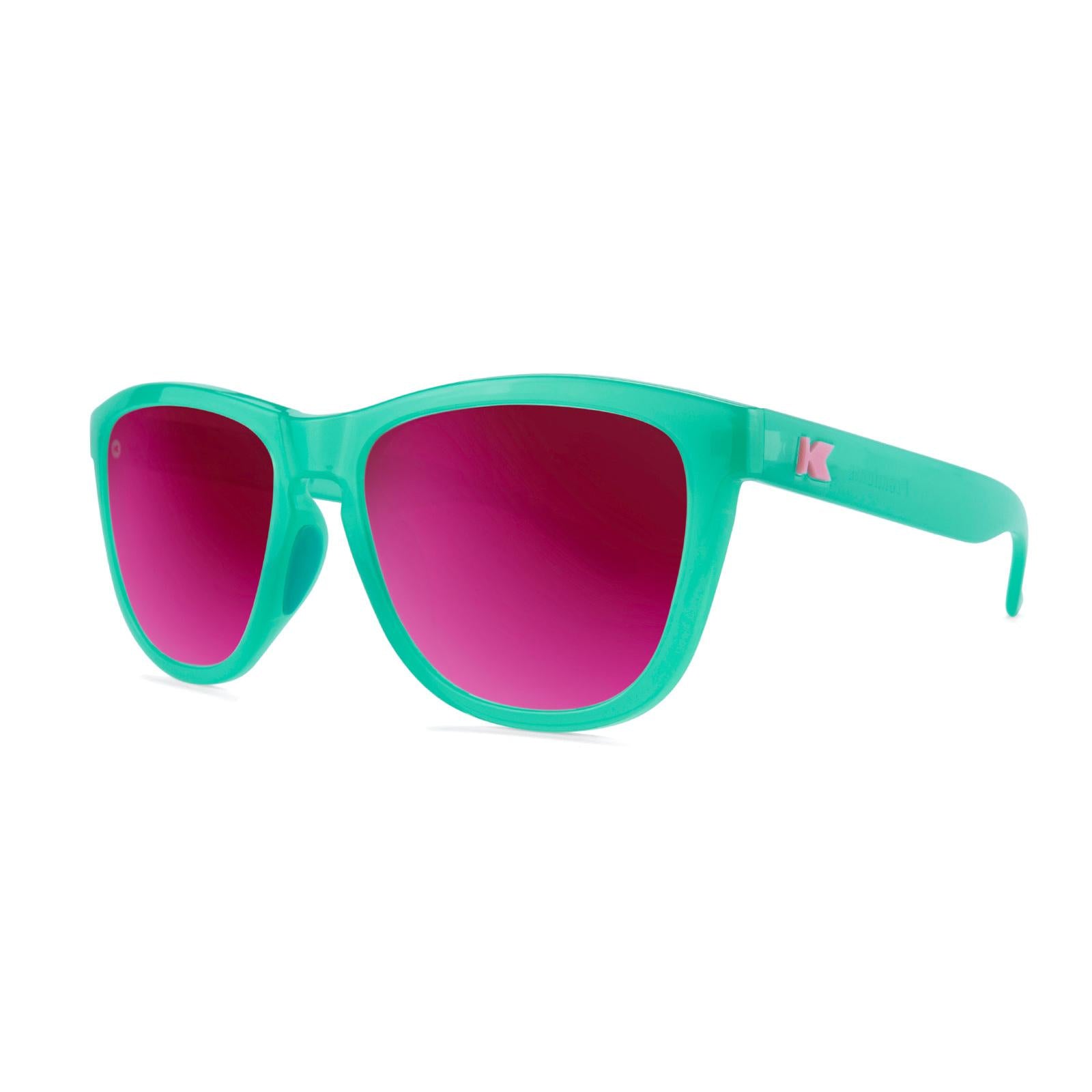 Sport Sunglasses with Aquamarine Frame and Polarized Fuchsia Lenses, Threequarter