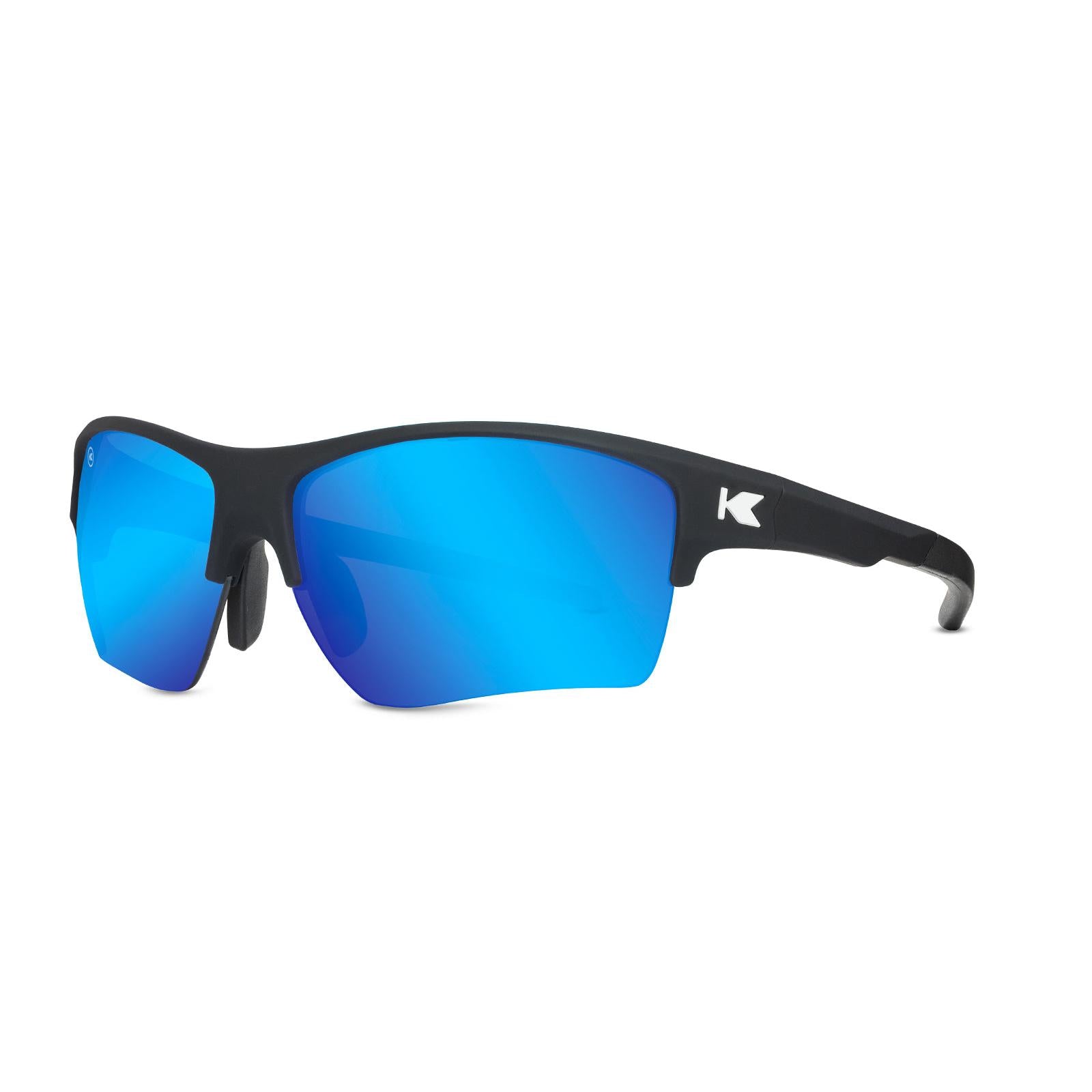 Moonshot Flight Paths Sunglasses with Black Frame and Blue Lenses, Threequarter