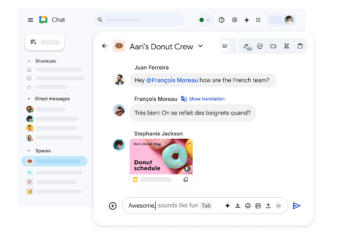 一個名為「Dan 的冬甩團隊」的 Google Chat 聊天室，顯示共用的「Google 簡報」畫面和一則法文訊息，並提供顯示翻譯的選項。