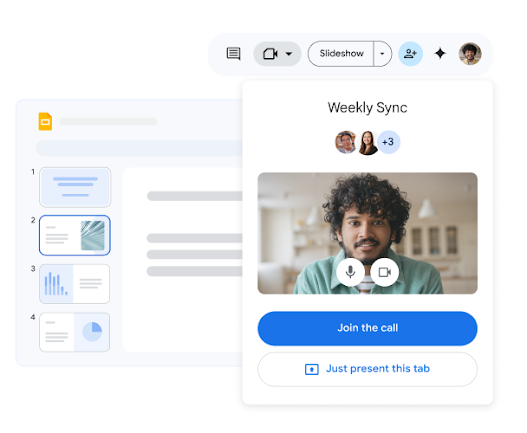 Un collaborateur rejoint un appel vidéo hebdomadaire avec son équipe à partir d'une présentation Google Slides. 
