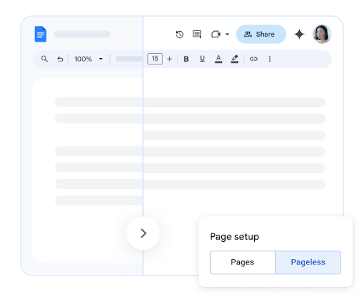 Démonstration de la configuration du mode Sans pages sur un document Google Docs 