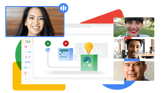 Een illustratie toont mensen die in een Google Meet-gesprek samenwerken aan een Google-presentatie. 