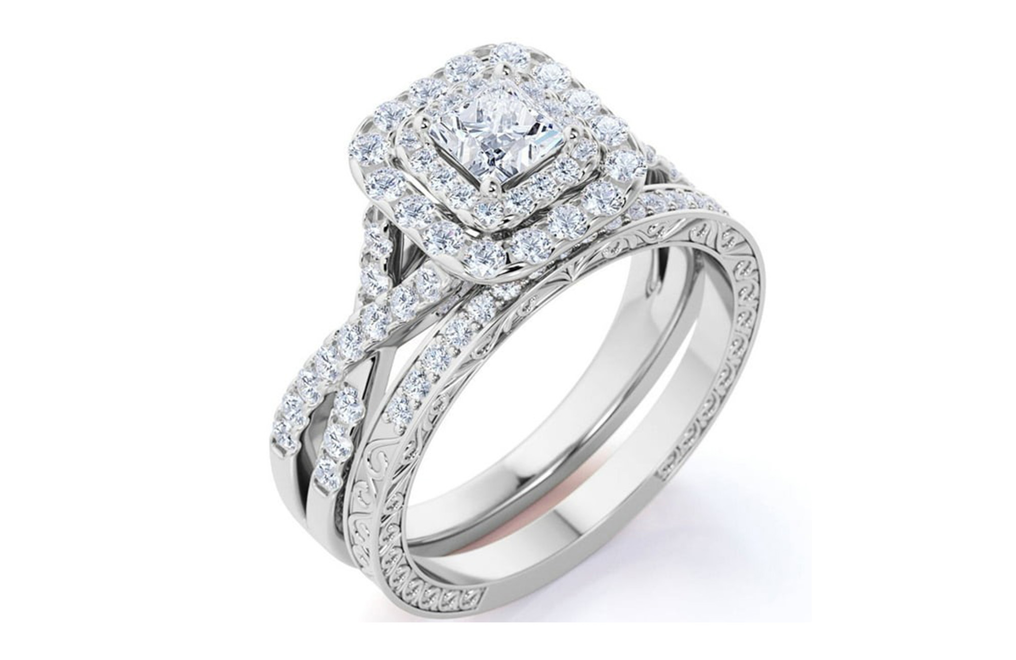 JeenMata 1.25 ct - Square Moissanite - Double Halo - Twisted Band - Vintage Inspired - Pave - Wedding Ring Set in 18K White Gold over Silver