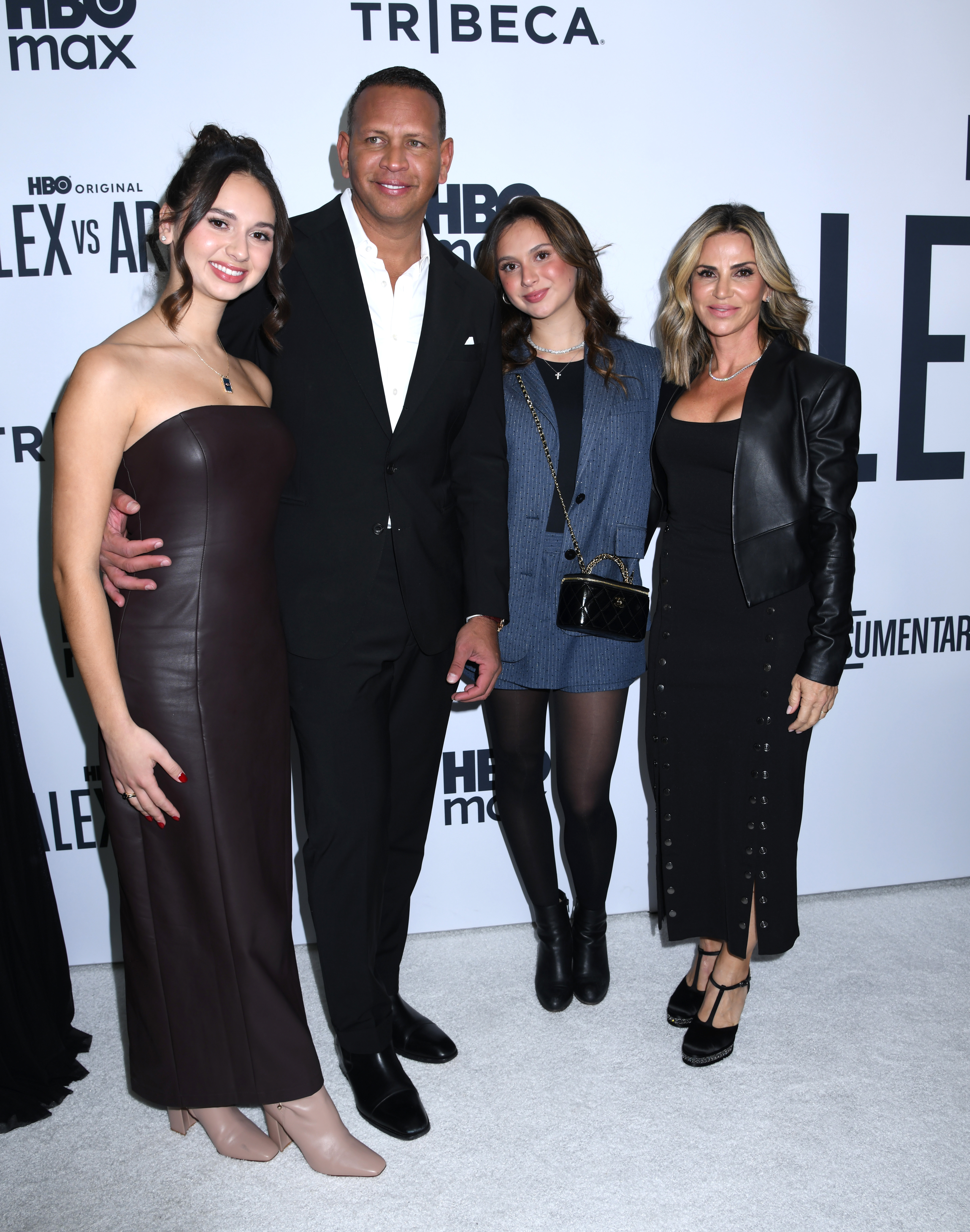 (L-R) Natasha Rodriguez, Alex Rodriguez, Ella Rodriguez and Cynthia Scurtis at the premiere of HBO Original's "Alex vs ARod" documentary at the DGA New York Theater in New York City on Monday, November 3, 2025.