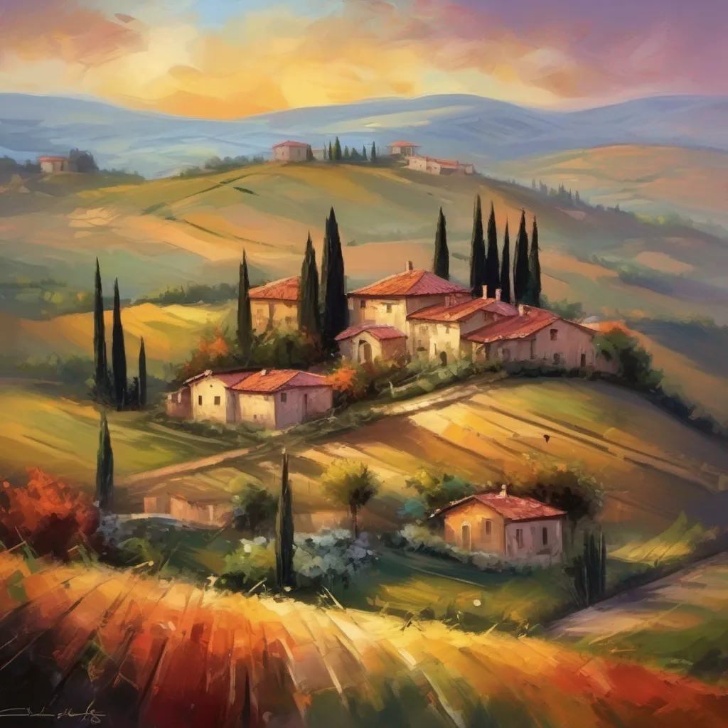 imagine an exquisite piece of art that transports you to the enchanting landscapes of tuscany. in this captivating scene%2C a serene village nestled amidst rolling hills comes to life with the warm embrace of sunset.