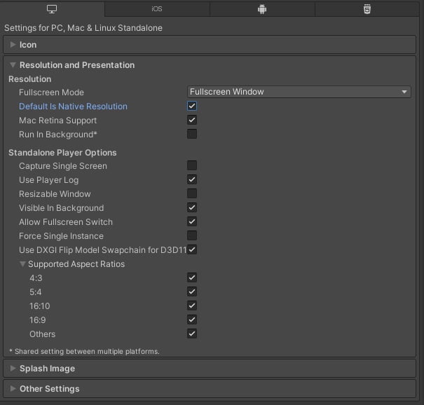 Figure 1.12: PC, Mac & Linux Standalone Player resolution settings