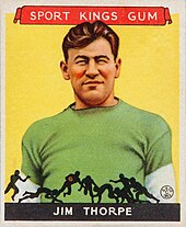 Sports card of Jim Thorpe. In the center, he is shown from the torso up wearing his jersey.