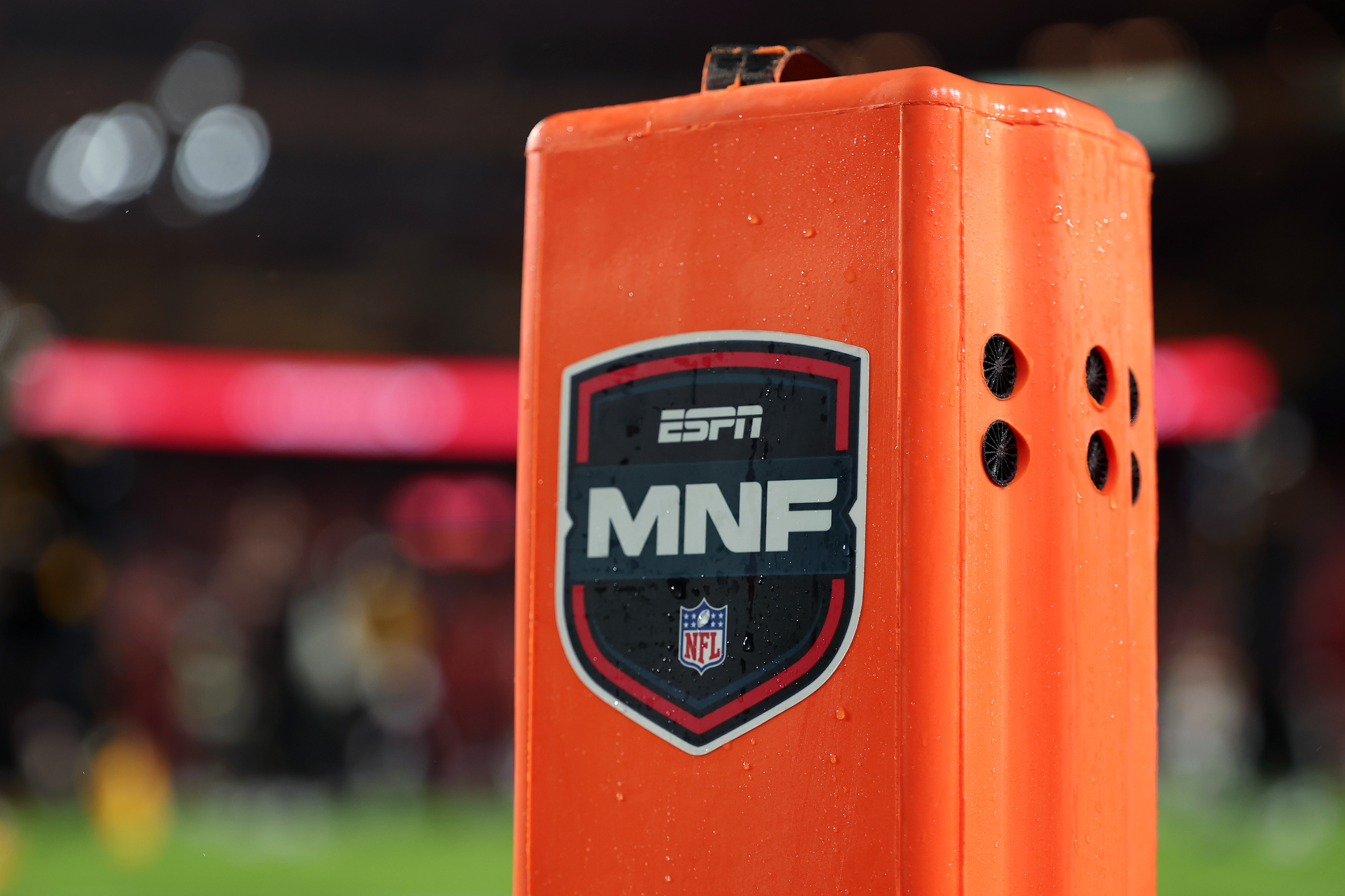 LANDOVER, MARYLAND - OCTOBER 13: A detailed view of an ESPN Monday Night Football pylon before the game between the Washington Commanders and the Chicago Bears at Northwest Stadium on October 13, 2025 in Landover, Maryland. (Photo by Scott Taetsch/Getty Images)