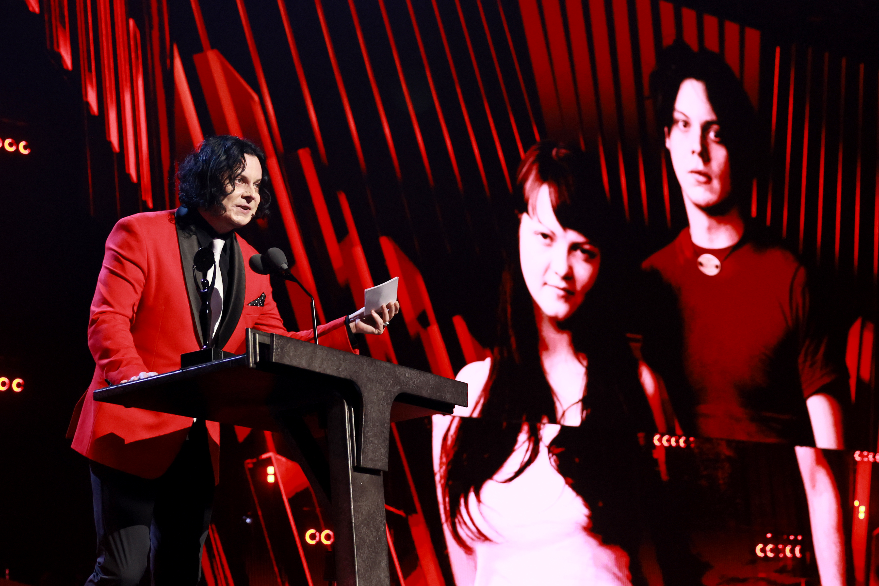 LOS ANGELES, CALIFORNIA - NOVEMBER 08: Jack White speaks onstage during the 2025 Rock & Roll Hall of Fame Induction Ceremony at Peacock Theater on November 08, 2025 in Los Angeles, California.  (Photo by Theo Wargo/Getty Images for RRHOF)