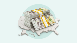 Illustration of a map of the U.S. with stacks of money.