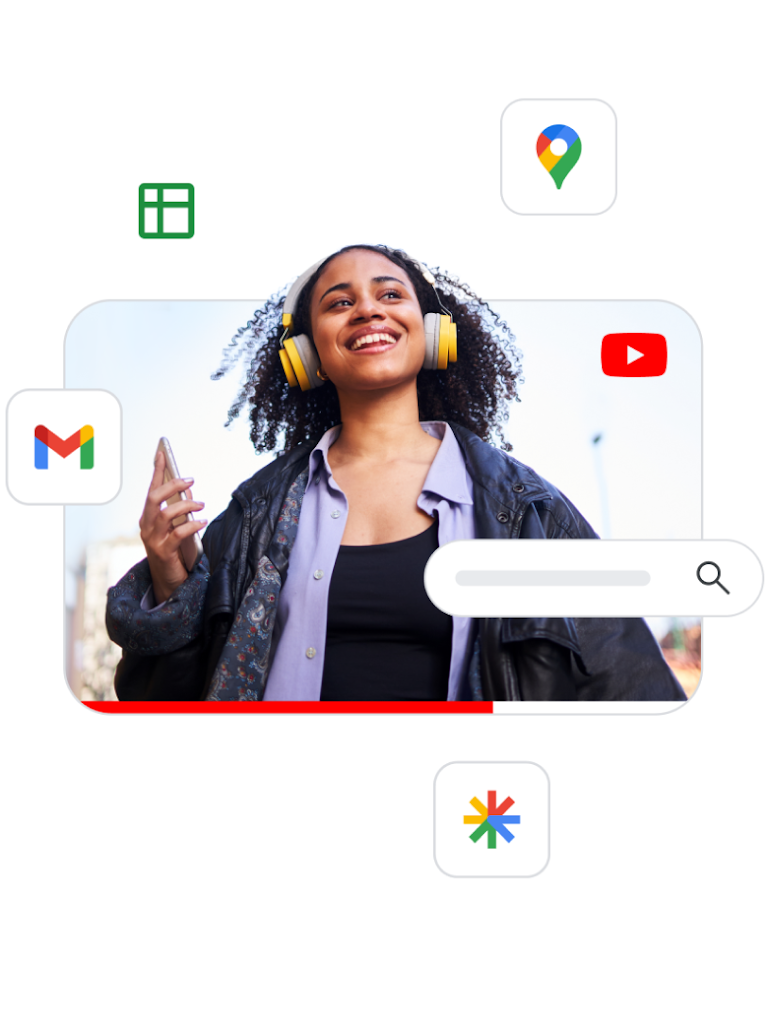 An earphone video ad surrounded by various Google product icons to represent the reach of Performance Max.