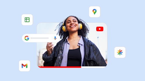 An earphone video ad surrounded by various Google product icons to represent the reach of Performance Max.